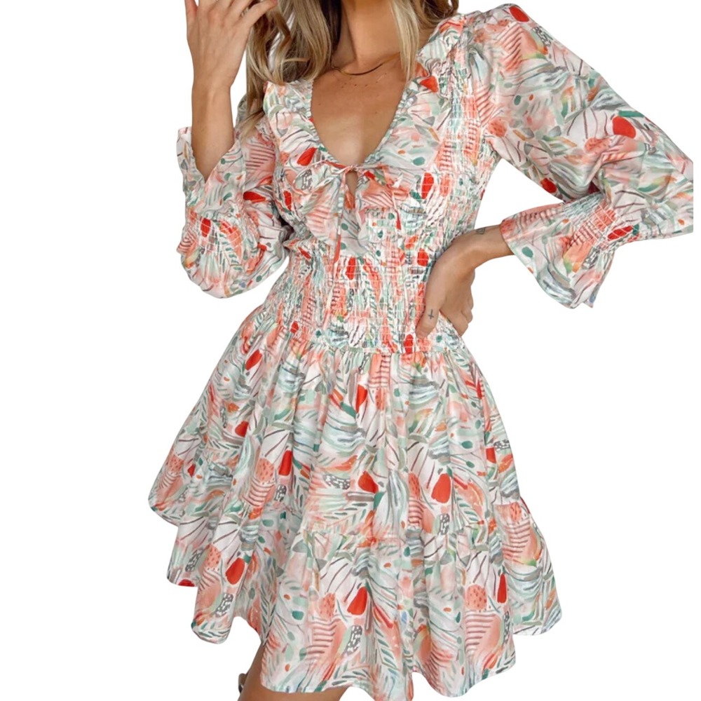 FORE Tropical Abstract Smocked Long Sleeve Ruffle Deep V-Neck Mini Dress Size M